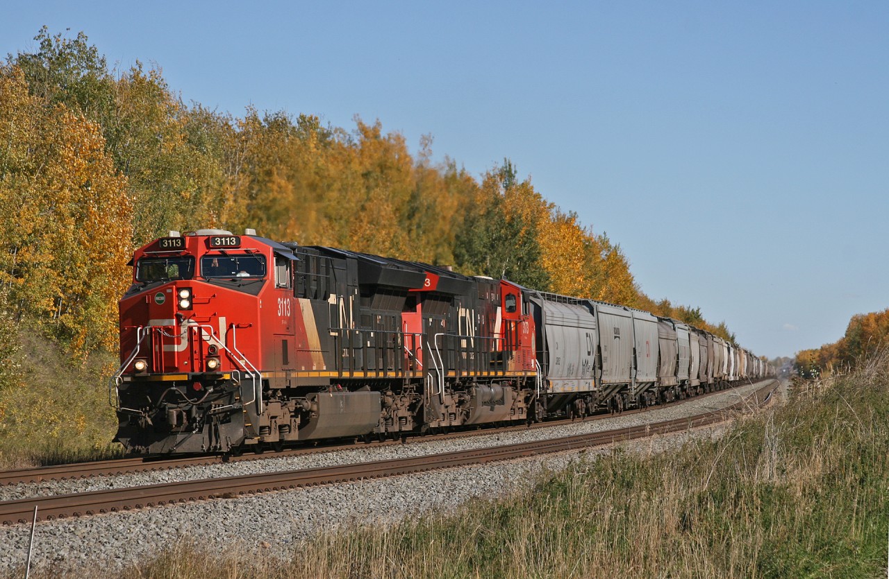 Edmonton to Prince Rupert grain drag G 86741 27 is 25 miles into its journey as they work upgrade through Spruce Grove.  This 205 car train has CN 3113 and 3173 on the head end, and tucked away midtrain is CN 3023 - the EJ&E heritage unit.