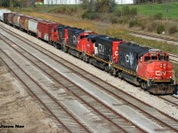CN L568 arrives at the interchange in Kitchener on the Huron Park Spur with quite an impressive consist that included; 9639, 9416, 9449 and 7080. L568 would set-off cars for CP to lift at South Junction as well as lift some cars of their own before proceeding back to the Kitchener yard then would eventually head east to Guelph. 