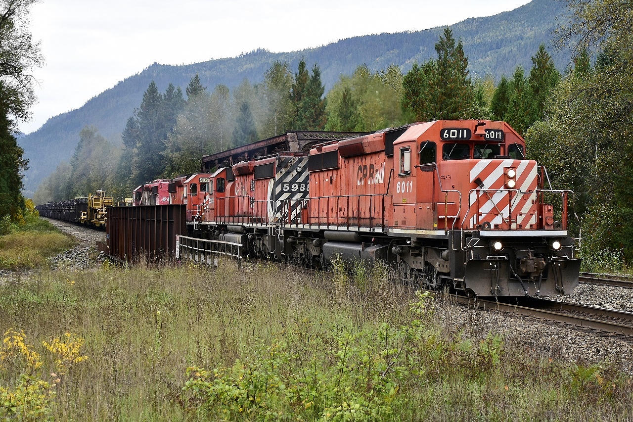 CP nos.5988 & 6011 were sent to rescue a broken down CWR train at Sicamous and are seen here crossing the Eagle River at Malakwa on the return trip to Revelstoke.