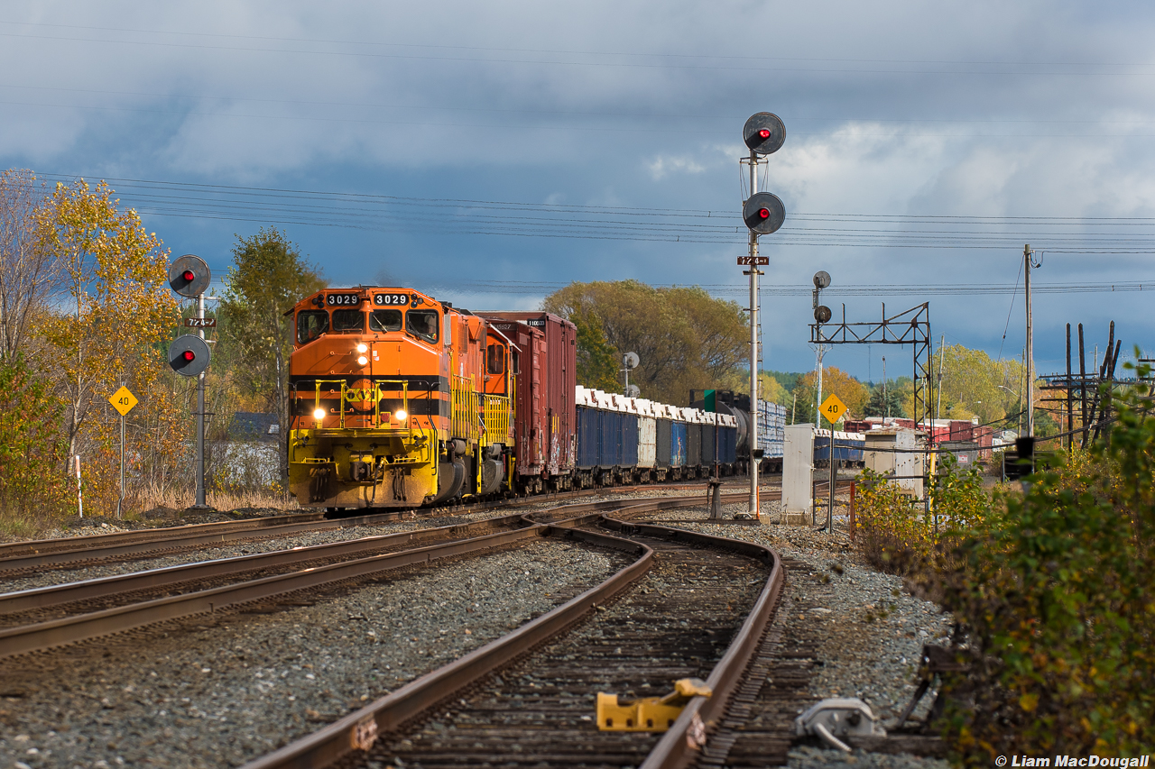 During one of very few sunny patches of the day in the Greater Sudbury Area, OVR train 431 from North Bay knocks down a clear to stop signal at the Romford searchlights located at mile 72 of the CP Cartier Sub with an ex-CN GP40-2LW in the lead.

Romford is quite a significant junction, as the south track becomes the Parry Sound Sub down to Mactier and eventually Toronto, while the Cartier Sub on the north track runs to North Bay and continues into the now-abandoned Chalk River Sub toward Smith’s Falls and eventually Montreal. Nowadays, the OVR’s tri-weekly North Bay/Sudbury transfer is the only train to use the Cartier Sub between mile 0 & 62, as CP began to direct all of their Montreal traffic through Toronto around 2010 I believe. Much more history can be read up on this online, but that is a brief summary for you!