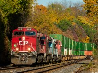 It's only a couple days before Halloween and the fall colours are in full swing on a crisp and sunny October 2020 day in Toronto. Meanwhile CP 101 thunders through Rosedale with a 4 unit lashup including a CMQ-painted AC44, kicking up plenty of leaves as they go.