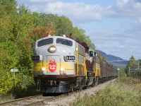CP's executives are getting a view of their recently repurchased line as business train CP 41B heads west on CP's Sherbrooke Sub with a 12-car train and an interesting lashup of CP 1401, CP 7019 & CP 1900.