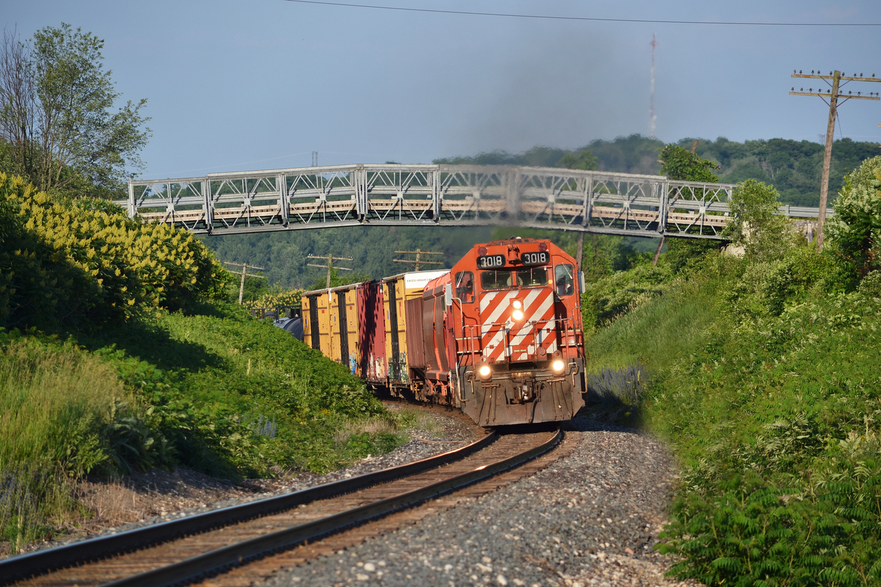 CP 3018 leans into it as it wastes no time going back to London after lifting its setoff of hoppers in Woodstock. No point wasting the gas dragging it all the way to GUE, just to go back the same way.