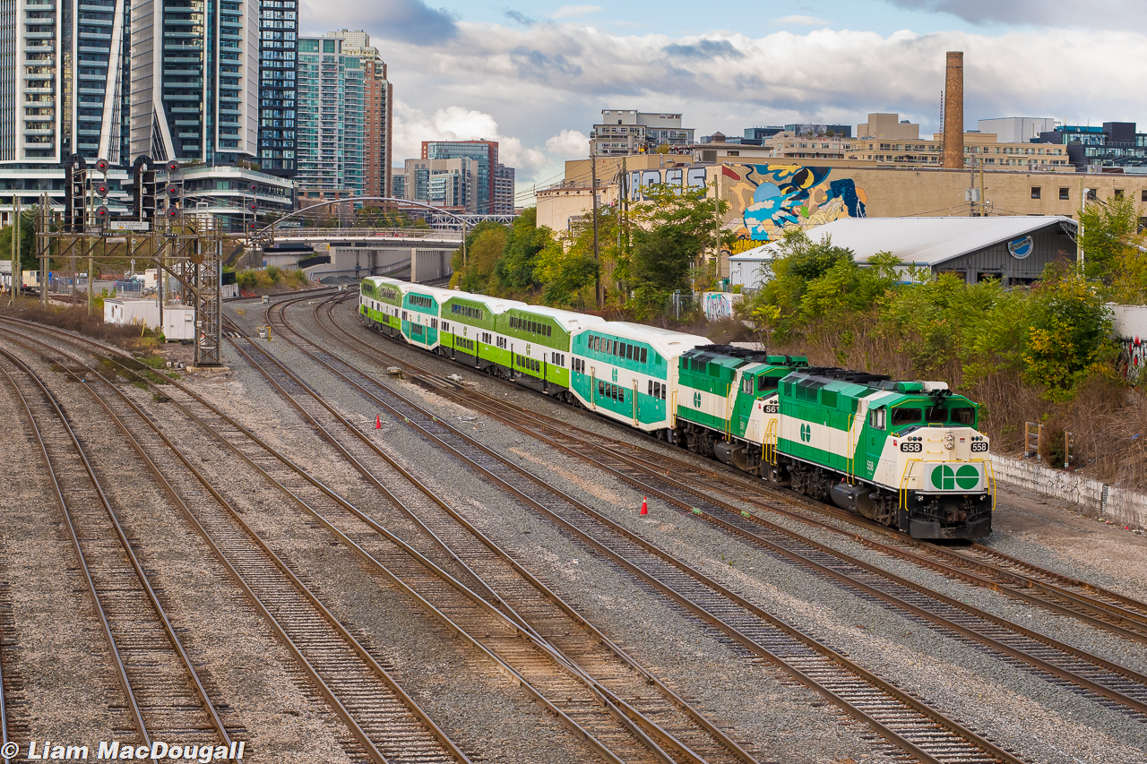 Well, here’s something I can say with confidence I wasn’t sure if I’d ever witness; a pair of F59PH locomotives on a GO Train. But alas, it happened this morning on the first revenue GO run from London, Ontario to downtown Toronto. I must say it’s quite a fitting pair of engines to kick it off, seeing as both of them were built at the GMDD facility in London back in the early 90s.


In this photo, the aforementioned F59 pair, GO 558 & 561 take a 6-car train into the USRC as they are nearing the completion of their 4-hour trip from London. After letting passengers disembark, the train deadheaded to the Willowbrook Maintenance Facility to layover until heading back to Union in the late afternoon to make the trip back to London.