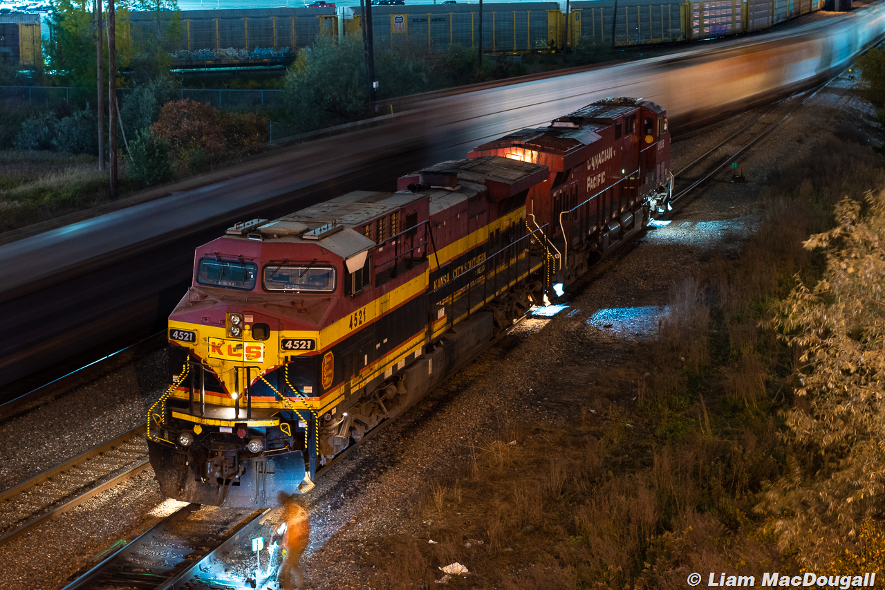 CP 140-turned-234 arrives in Toronto in the early morning hours of October 29th with a lashup of a CP GEVO & KCS de Mexico AC4400CW. In this photo they have just completed setting off their train and have pulled past the Finch overpass in order to back up into the correct shop track. This provided a short but sweet opportunity to snag a picture of the head end of the KCS unit, a faux-leader if you will.