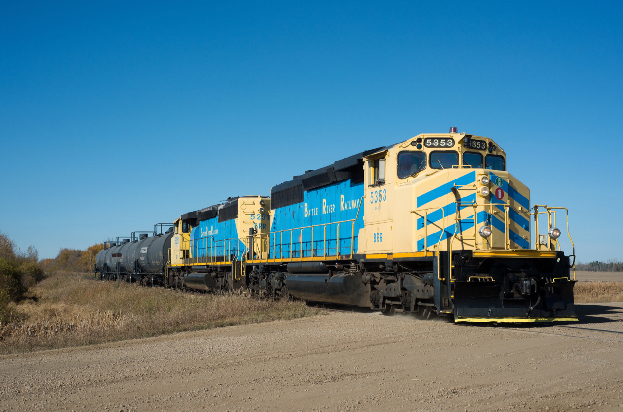 BRR 5353 and 5251 depart Camrose with some tank cars bound for storage further down the line.