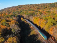 Via 70 drops downgrade through Dundas on its way to Toronto with P42 915 leading the way.  The fall colours have been fairly lacklustre in Southern Ontario this year unfortunately and with tomorrows impending storm I fear this may be the best we can do.