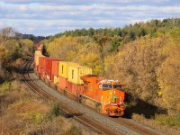 2021.10.31 CN 3023 “EJ&E heritage” leading CN 106, rounding the curve at 16th Ave (Mile 19.5 Bala Sub).