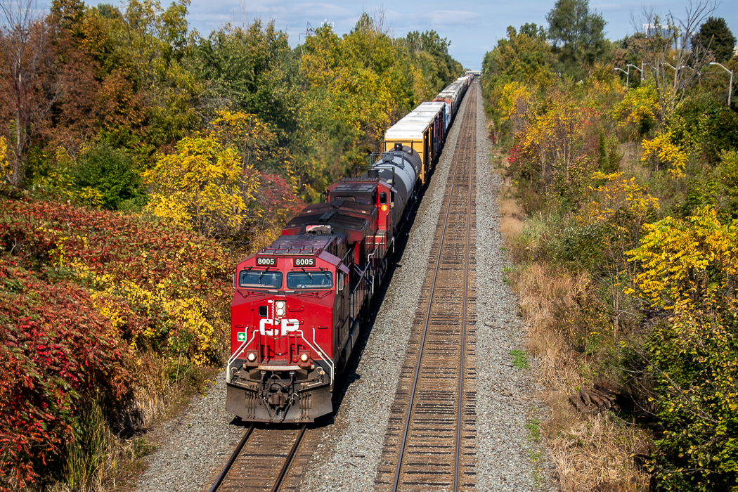 CP 421 coastes out of Toronto yard and down the Belleville sub with a pair of AC4400CWM rebuilds (8005 and 8115) providing power. With the fall colours as dim as they are this fall season, it was nice to get some fall colours. 

On a more disappointing note, in 2018 this consist would have been 9520 and 9602. I sure miss the dual flag AC4400CWs.