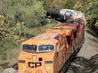 CP "Every Child Matters" unit 8757 leads 254 as it snakes through the gradually changing fall colours in Waterdown, past the one time old elevator location. This is the repainted locomotives first trip along the Hamilton sub. and caught the attention of numerous rail fans this day. 