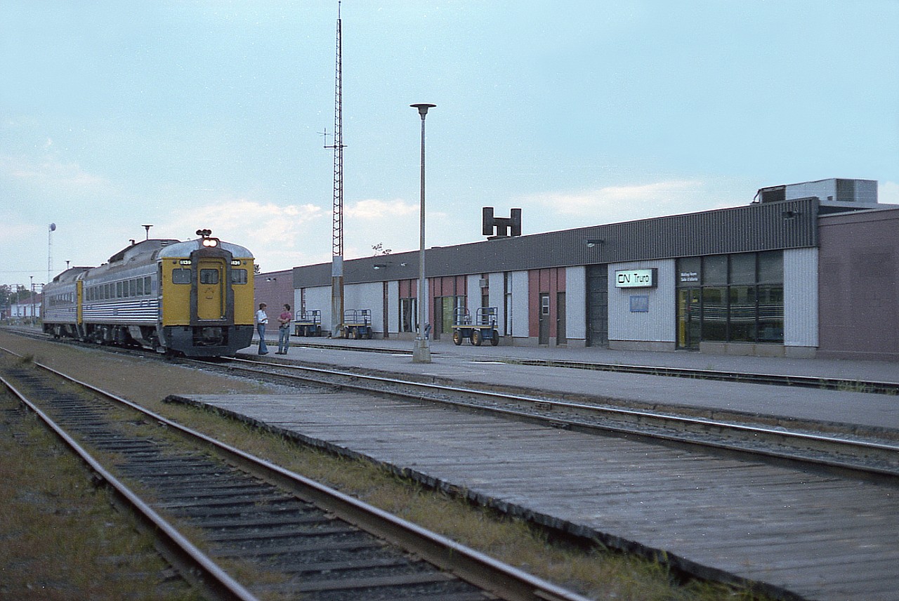 Getting toward sundown......VIA 6139 and 6205 waiting for departure time of 1905 at the modern Truro transportation centre. My assumptions usually don't hold much water, but I still am assuming this is #602 and on the way to Halifax. Buddcars seemed to be the rail passenger mainstay in the Maritimes back then. To me, they are still the logical ideal for low cost operation.