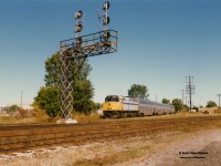 VIA Rail 6427 leads the westbound joint VIA/Amtrak International off the Guelph Subdivision as it approaches London Junction on the CN Dundas Subdivision. Twenty-four years later on October 18, 2021 the first eastbound GO Train will make history heading eastbound at the same location. 
