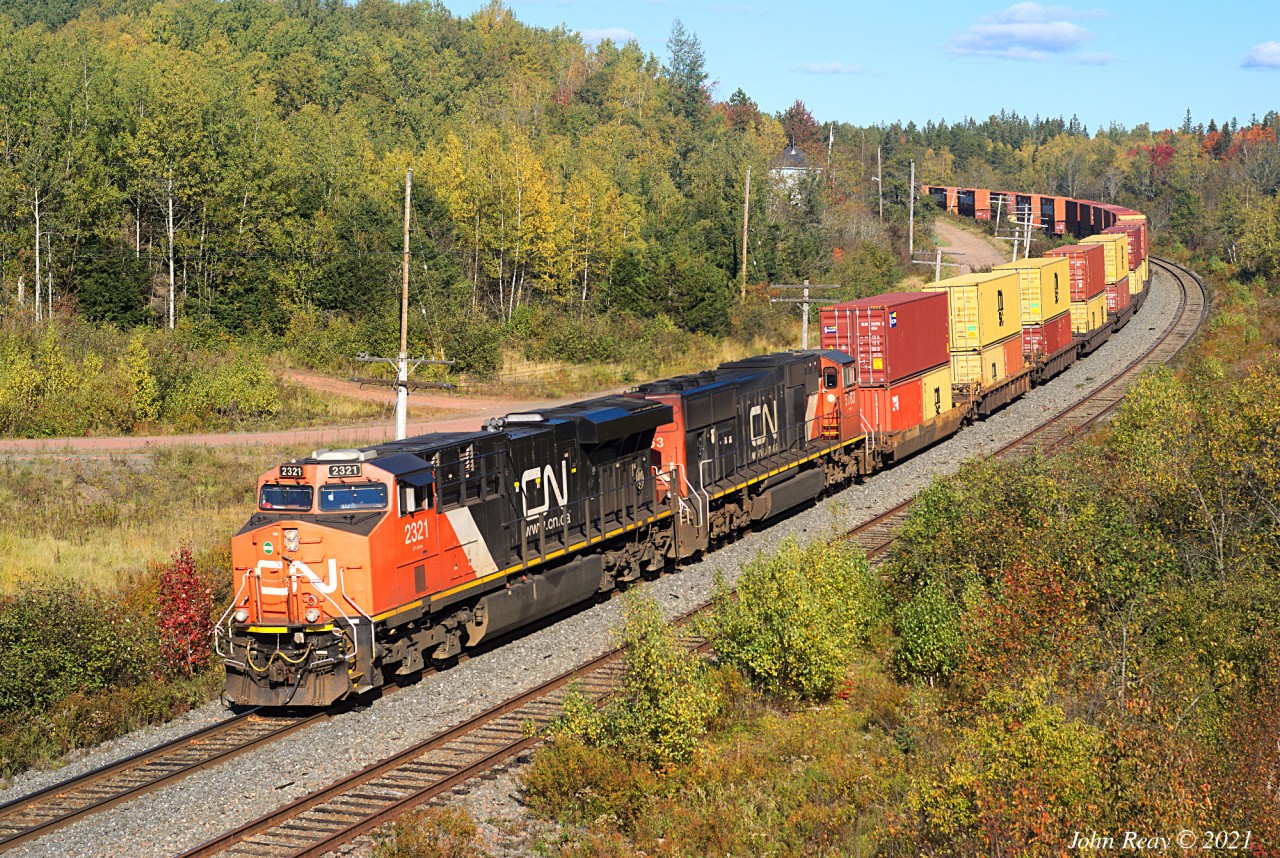 Oct 9th @ 14:58 ADT, A407 at Springhill Jct, MP 59.5, CN Springhill sub. 388 axles, CN 2321 & CN5763, all intermodal out of Rockingham yard in Halifax, NS.