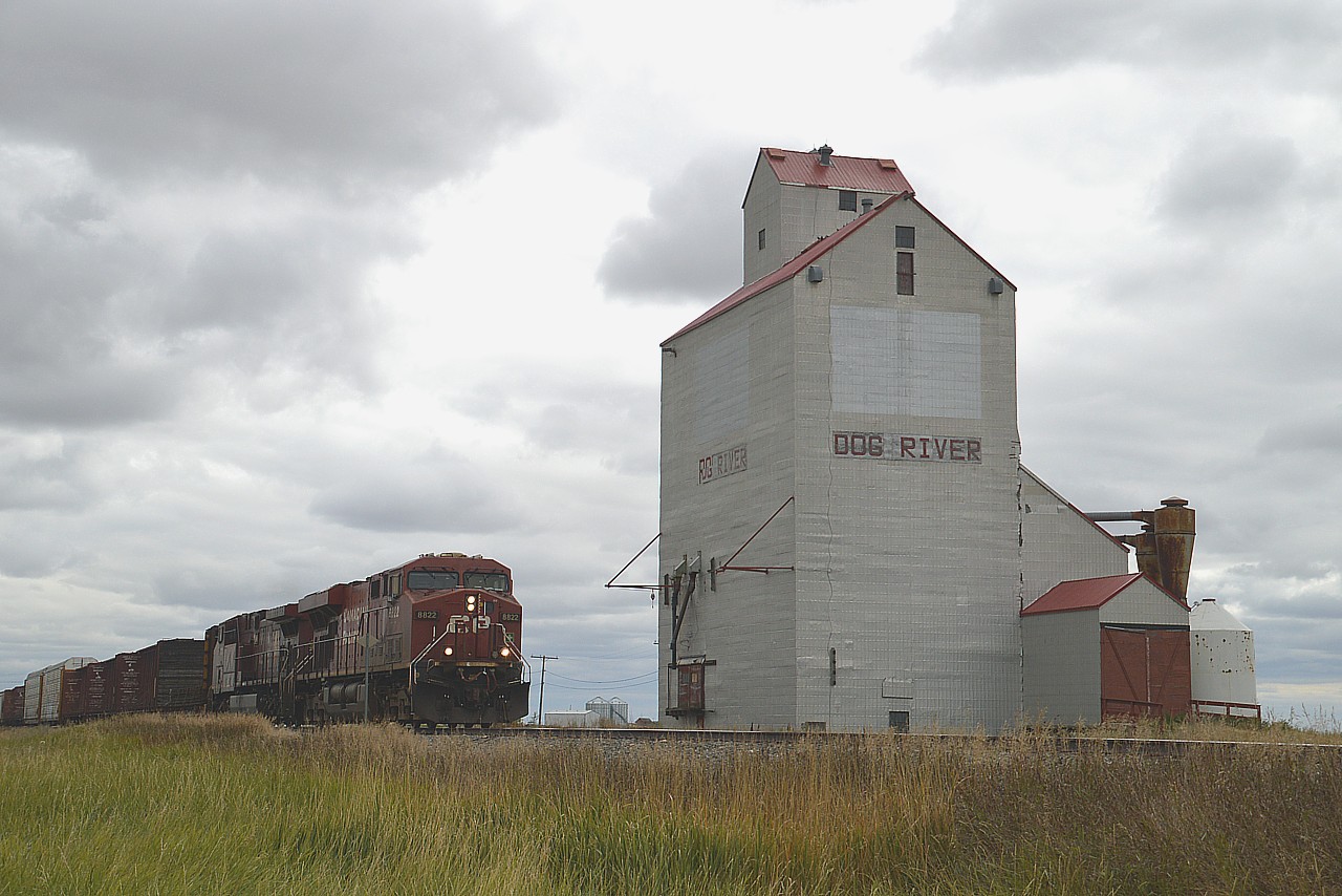 Wandering just north of Weyburn; stopped to catch a CP going by. Nothing special. But, the enthusiastic sidekick realized this train was heading up toward Rouleau (aka: Dog River); which most of you know is the village that "Corner Gas" was filmed at. Oh so don't we just have to get a photo up there. Flat prairie speeds for CP heading N/W must be at least 100KMH; so I was pushing the pedal pretty had to get ahead of it. So, before I was forced to wander all over town seeing the sights ?? we managed this shot by the elevator. The significance I guess is the name; which is beginning to peel off at the front; and soon, perhaps, Dog River will revert back to Rouleau on the most prominent structure in the town. Grubby CP power is 8822 and 9701.