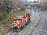 2021.11.18 CP 6031 leading Agincourt Yard Extra Road Switcher, CP 6013 trailing. Heading over to G yard after done some work in F yard via Staines lead. At Tapscott.