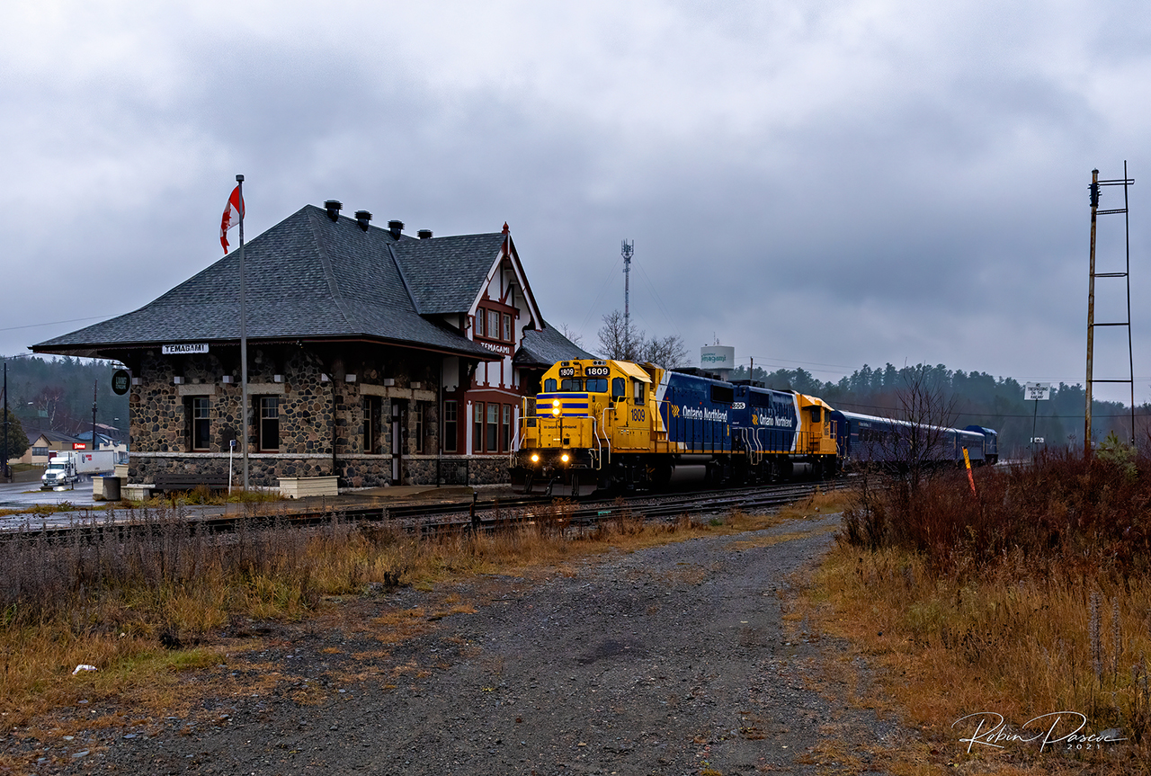 On Sunday November 21, 2021 Ontario Northland started the first leg of a Test Passenger Train run evaluating track conditions between Cochrane and North Bay on the Devonshire, Ramore, and Temagami Subdivisions.
The test is planned to continue South on Monday Nov 22 to Union Station and back to North Bay, then return to Cochrane on Tuesday.

ON Special 1809 passes by the historic Temagami Station
Passenger Test Train