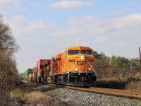 2021.11.06 CP 8781 Hapag-Lloyd/Saint John Express special paints leading CP 142, CP 8937 and BNSF 6589 (isolated) trailing. At Mile 191 Belleville Sub.