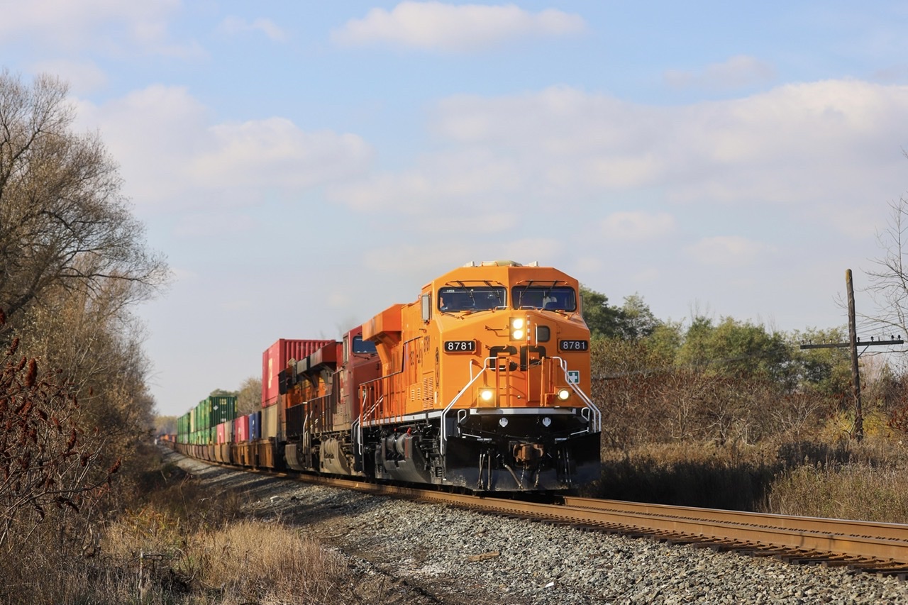 2021.11.06 CP 8781 Hapag-Lloyd/Saint John Express special paints leading CP 142, CP 8937 and BNSF 6589 (isolated) trailing. At Mile 191 Belleville Sub.