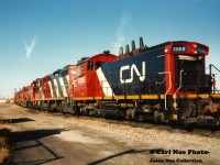 The units seen on the shop track in London, Ontario during an early fall morning included; GP9RM 4104, SW1200RS 1360, GP9RM's 4130 and 4110 as well as SW1200RS 1361, GP9RM 4141 and SW1200RS 1366. Both 1361 and 1366 had been freshly painted in the railway's CNNA colors at the time.

