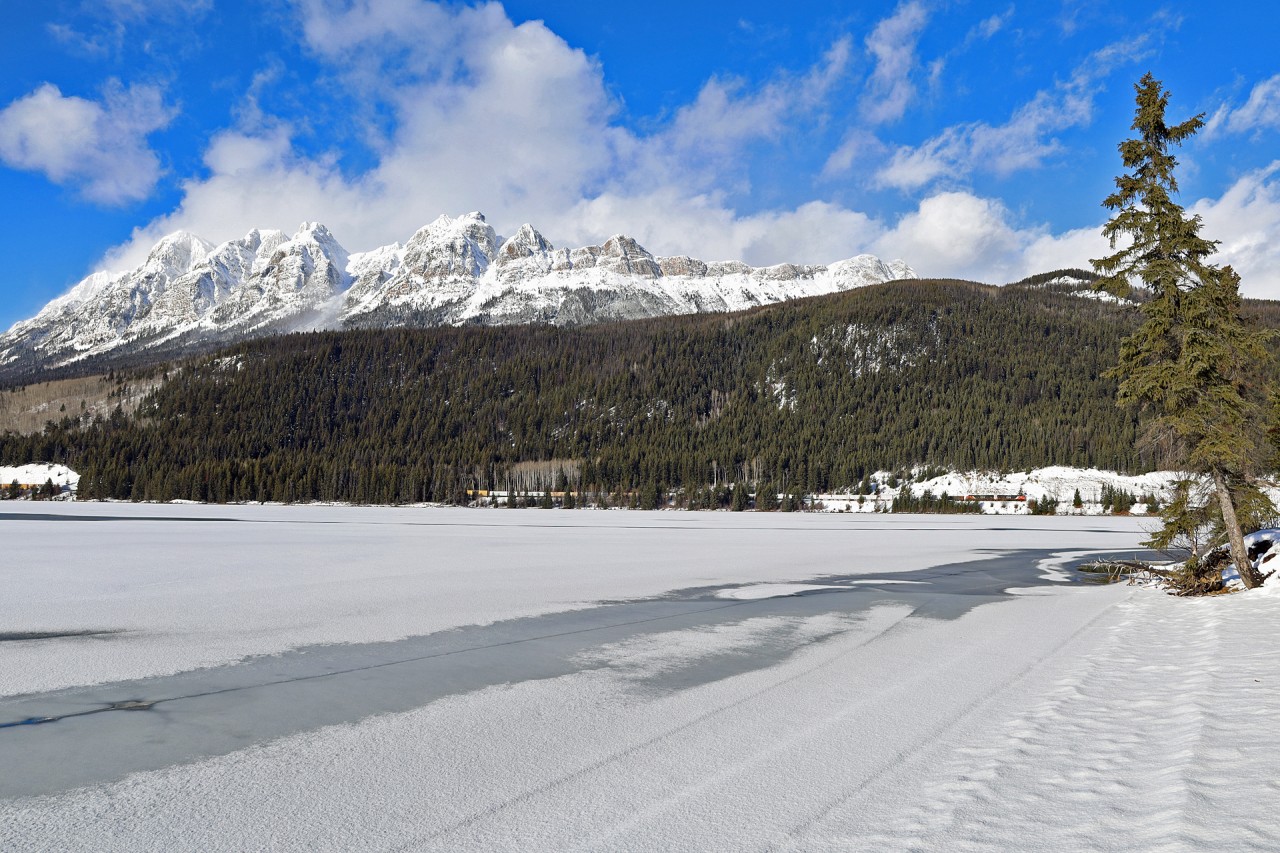 Big country, small train.  M 34851 26 skirts the shore of Yellowhead Lake, as they begin their final ascent up Yellowhead Pass.