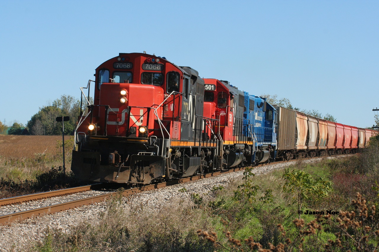 Almost 28 years later CN GP38-2 7501 is free of yard duties and is now part of CN L568’s consist as it heads west through Baden on the CN Guelph Subdivision. The unit was set-off that same night by CN L533 and promptly returned to CN’s MacMillan Yard on the next L533 from Kitchener, lasting only one trip on L568.