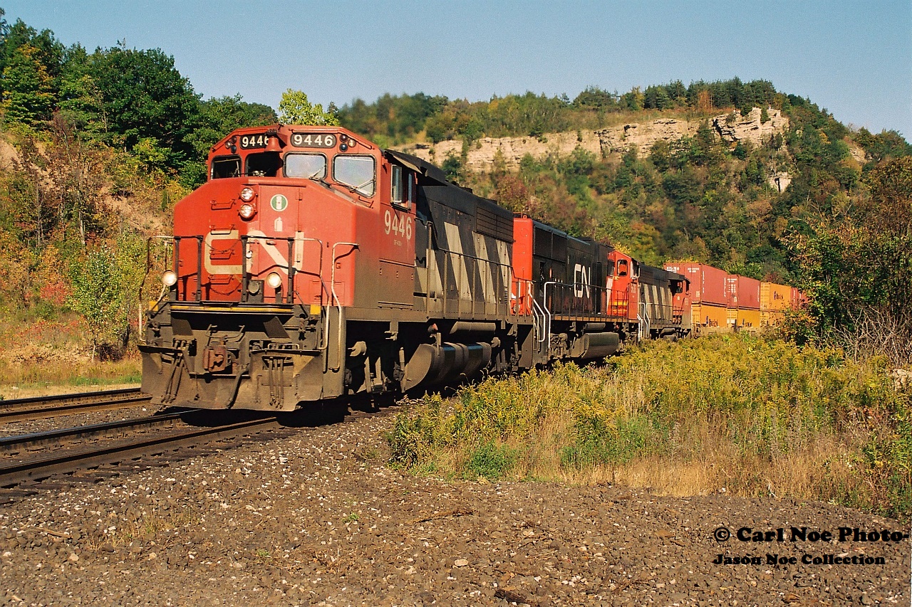 As of November 3, 2021; CN had assigned GP40-2L(W)'s 9416, 9449 and 9639 to Kitchener, which were used daily on the three assigned locals from the terminal. Twenty-five years earlier these units were the backbone of the company’s mainline power and were rarely used in local service.

A fitting example shows CN 145 rolling beneath the famed Dundas Peak with GP40-2L(W)’s 9446 and 9638 bracketing still new SD75I 5636 as they head westbound to Sarnia and at the time through the newly constructed tunnel to the US.