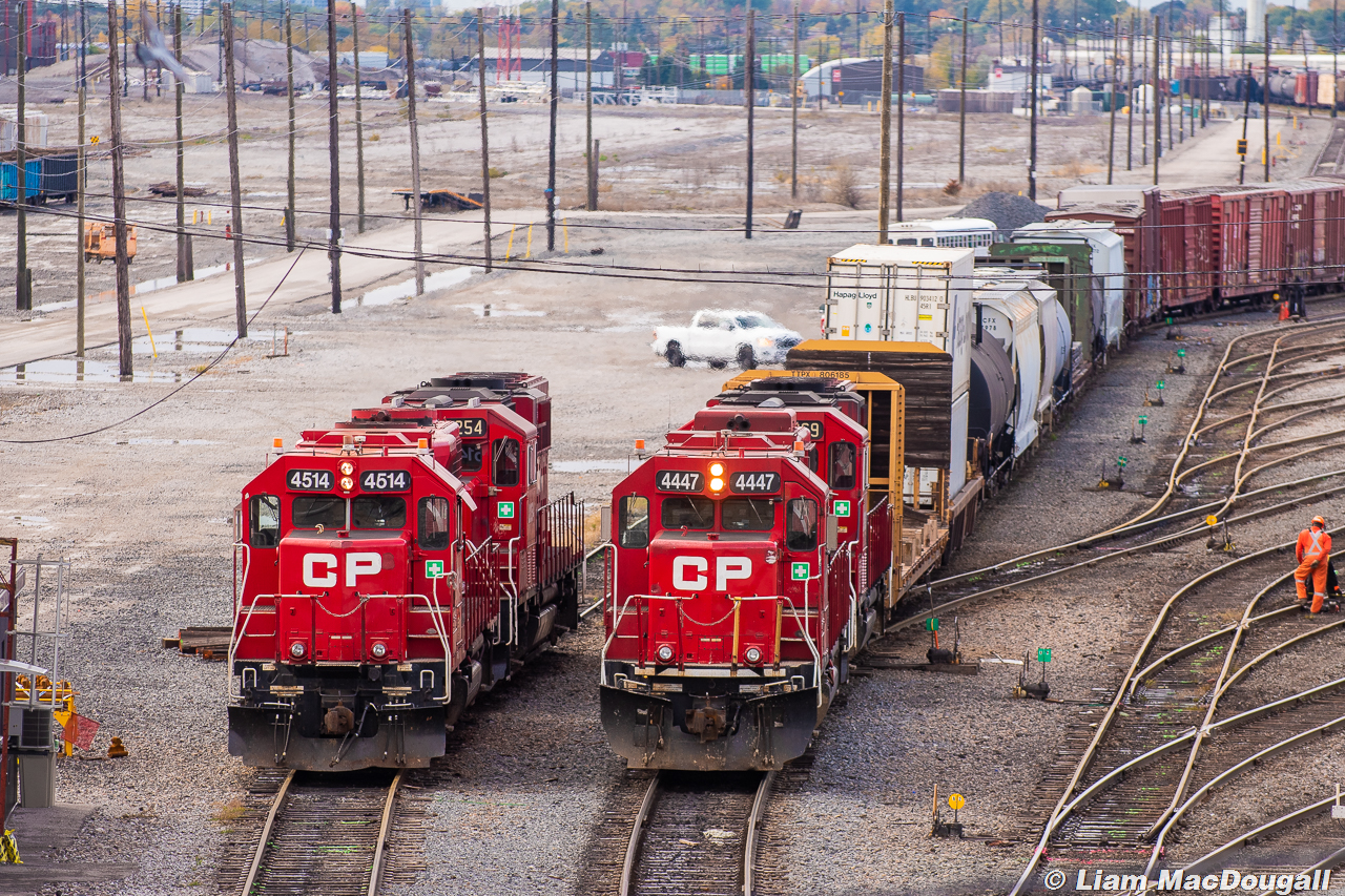 2 matching sets of a GP38 & GP20ECO are briefly beside each other as the 4447 & 2269 bring a large cut of cars forward while the 4514 & 2254 await their next assignment. I liked this shot as it serves as a good comparison between 2 units of former SOO heritage. The 4447 being built for the SOO and the 4514 being acquired by SOO from MILW.