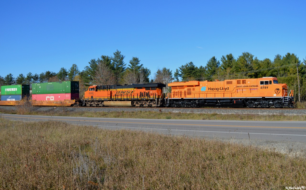 CP 8781 North blasts through Midhurst with train 119, recently repainted to recognize container shipping company, and partner of the new Port Saint John service to New Brunswick, Hapag-Lloyd. The first container train out of the new port in August of 2020 marked a quarter century after CP last serviced Atlantic Canada!