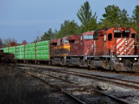 CP 6013 South kicks up a few leaves making a surprise appearance leading mainline revenue freight through Midhurst on Remembrance day. Original leader (8759 seen second up) impacted something hard enough to shatter the Conductor's windshield, this train limped into Chapleau where 6013 was the only power onhand and, luckily enough, wound up leading 420 the rest of the way into Toronto! Not bad for an engine that had an empty
fuel tank date on it and was once scrap bound, ironically enough, this engine would pop it's low governor oil button shortly after this photo was taken and after being topped up in Toronto has been running around with counterpart 6031 in the GTA area ever since. 