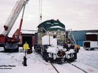 Goderich-Exeter Railway (GEXR) GP9 179 undergoes some emergency traction motor repairs near the location of the CN roundhouse at Stratford Yard. The winter of 1993-1994 was a brutal one for GEXR's fleet of second-hand GP9’s and by early February, most were either out of service or severely ailing, which forced RailTex to lease power or transfer from their other operations.