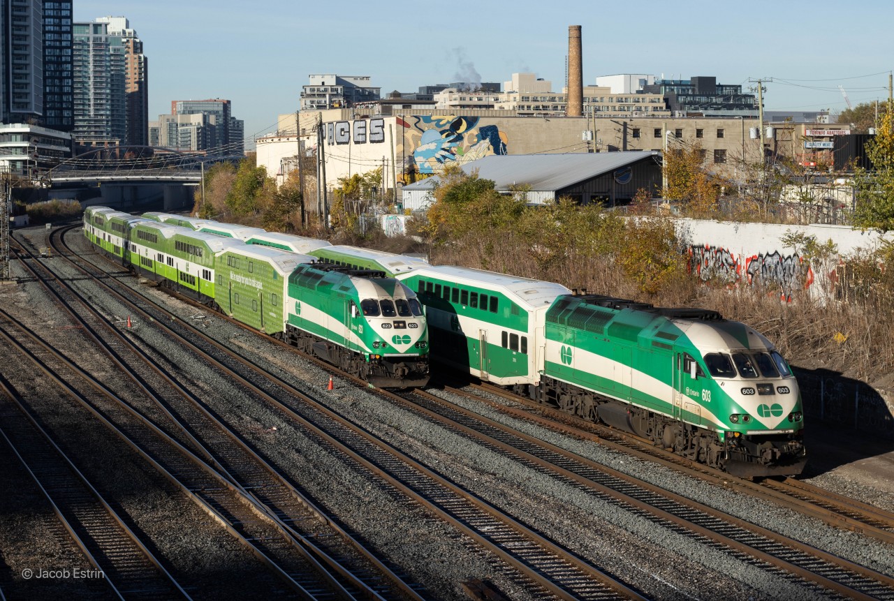 Two Union bound GO Trains enter the Union Station Rail Corridor on a sunny November morning.
