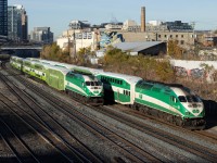 Two Union bound GO Trains enter the Union Station Rail Corridor on a sunny November morning.  