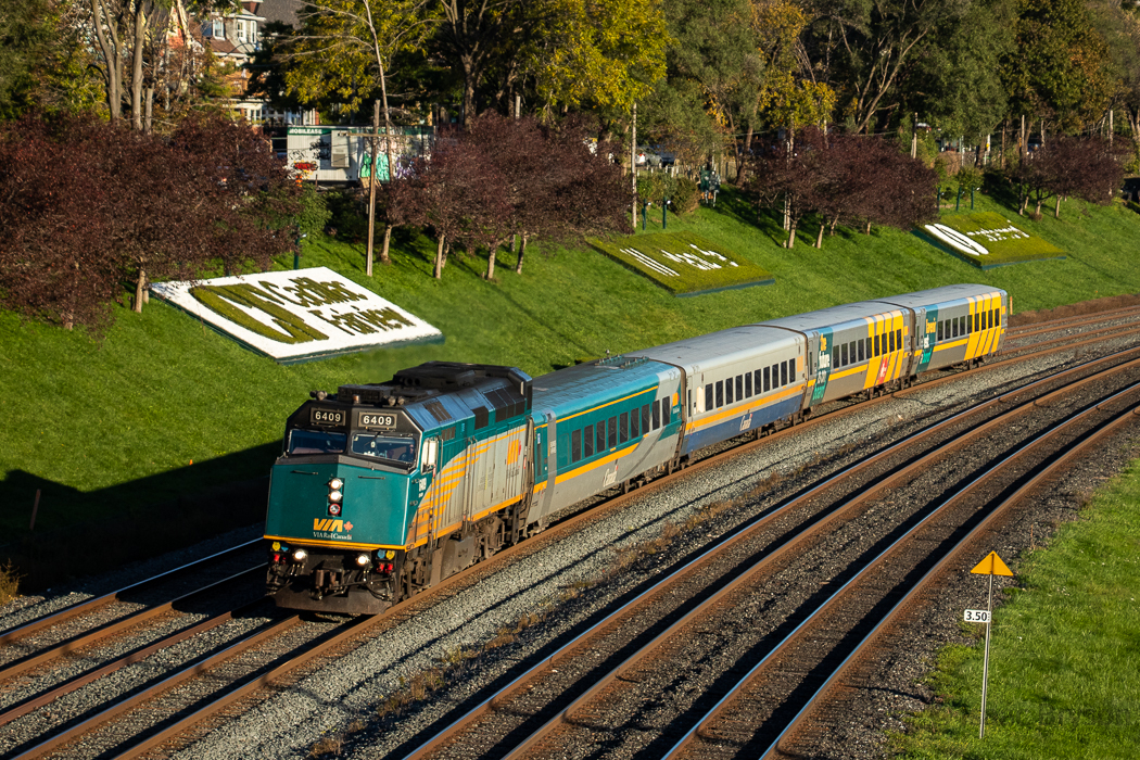 VIA 83 rounds the bend at the site of the former Sunnyside station with VIA F40PH 6409 and 4 LRC coaches, the last 2 being wrapped. The 1st wrap (3rd coach) still has VIA 40 (The Future is on board) decals while the 2nd wrap (4th coach) proudly displays "l'avenir est á bord" which roughly translates to "the future is on board" but does not have a 40th anniversary decal.