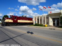 Peeking out of the Owens Corning Fibreglass property, OSR's Job 2 has finished setting off a car of clay inside the plant and is crossing York Road in Guelph. This plant stopped using rail service around 2015 but came back in May 2020 just months before the OSR ended service and switched to GEXR. Owens Corning gets served about once to twice a week.<br><br>
<a href=http://www.railpictures.ca/?attachment_id=42555 target=_blank>Jason Noe's photo of CP MLW's servicing the plant</a><br>
<a href=http://www.railpictures.ca/?attachment_id=44685 target=_blank>A great place for a cab ride, OSR crews would happily invite you for a ride as they switched the plant, usually for two trips, once to lift the empties, and one to set off the loads</a><br>
<a href=http://www.railpictures.ca/?attachment_id=44686 target=_blank>OSR deep in the plant, smoking it up</a>
