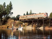 North of Wellington, Green Lake is on the west side of the E&N Victoria sub. with a trestle bridge at mile 79.9 over a little bay of the lake.  Of my numerous visits there, this one from a little inflatable boat on Tuesday November 11th 1980 with kids on school holiday and CP 9064 running on time at 1439 as train No. 198 is probably my favourite shot at that location.  Forty-one years ago today.