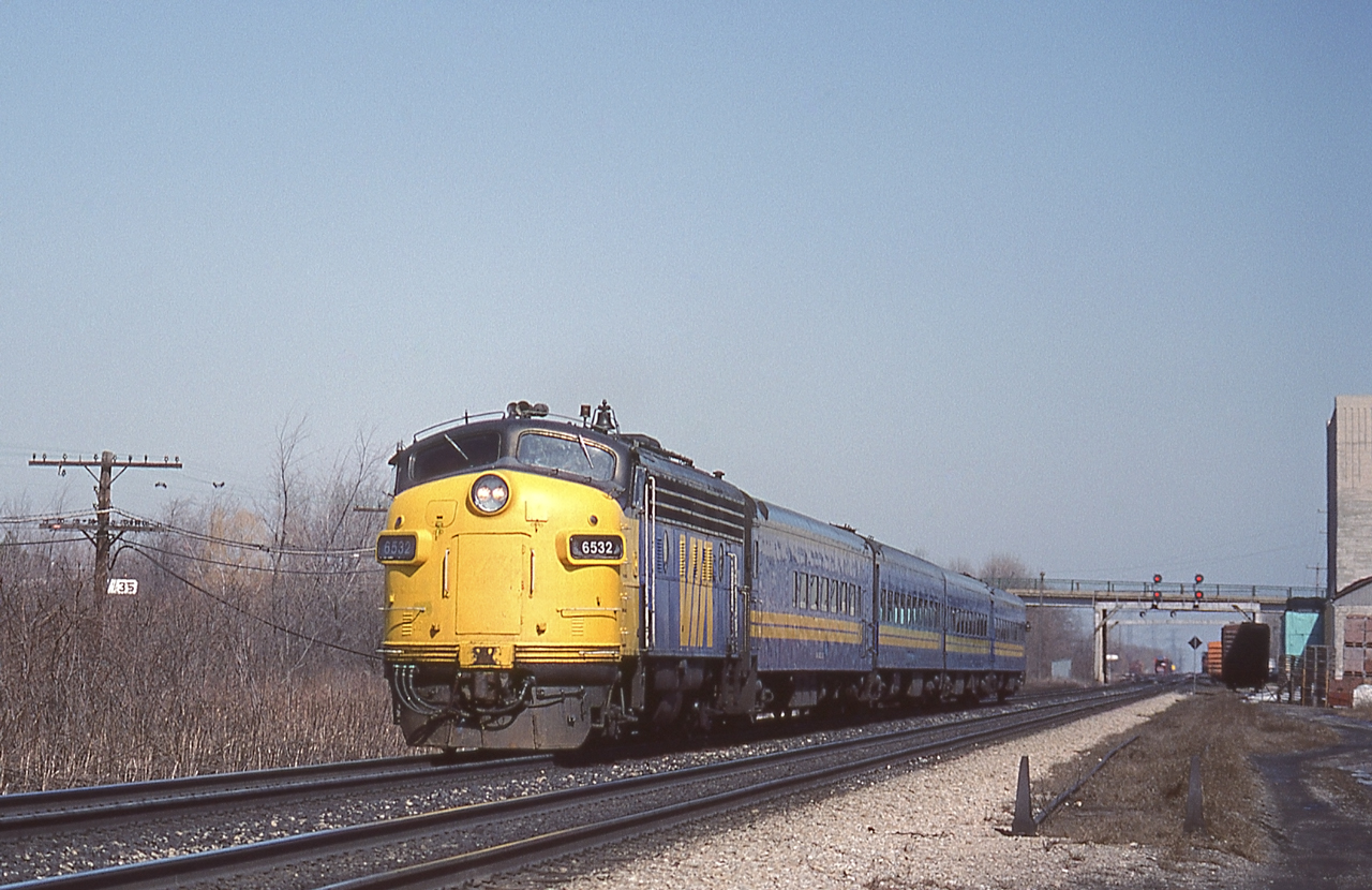 VIA 6532 is in or near Burlington, Ontario on March 26, 1984.