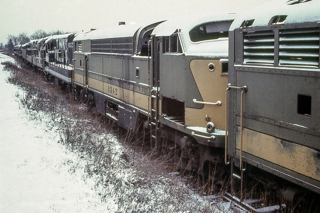 CN 9342 is one among many CLC C-Liners and road switchers waiting to be scrapped at CN's Reclamation Yard in London, Ontario on November 30, 1968.
