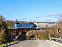 2021.12.17 GMTX 333 leading the last southbound of Orangeville-Brampton Railway train, going over the bridge across Chingacousy Rd in Boston Mills.