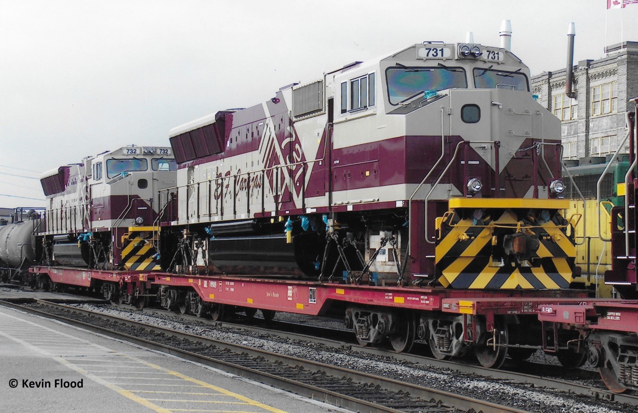 In December 2006, GEXR 432 has some export units from London's EMD plant in tow labelled as "EF Carajas". The units were bound for Brazil, if I recall correctly, and did not have trucks under them. Loads like these were common on GEXR when the EMD plant was still producing locomotives.