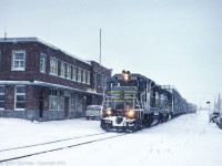 I was returning home from Nova Scotia to Ontario after Christmas and had stopped for the night somewhere around Drummondville or Ste. Hyacinthe. When I woke up in the morning there was about a foot of snow down. I knew that even with the reduced traffic due to the holidays I did not want to try to get through Montreal during the morning rush hour. So, I headed south to Farnham to see what was happening on the Canadian-American. There was quite a bit of activity, I remember shooting a train switching at the east end of the yard and this train switching the west end with Bangor & Aroostook 356 leading. After a few hours in Farnham I headed west and drove out of the snow by the time I got to the Ontario border. 