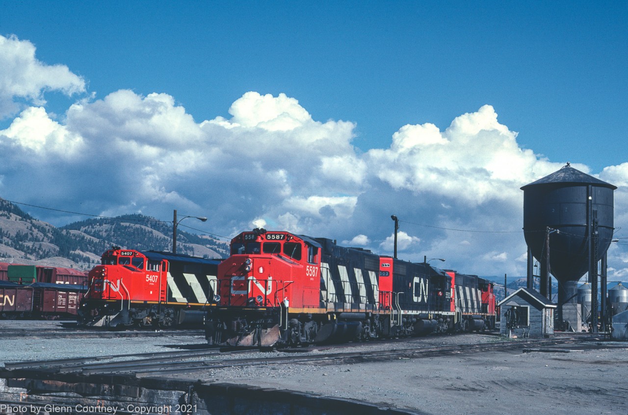 Back in the day CN's Kamloops engine facility was fairly accessible. You could drive in and bag some roster shots without even leaving the parking lot. In this scene the GP38-2s were the power for the train to Kelowna. CN 5407, a fairly new SD50F, would have been off a road train.