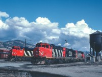 Back in the day CN's Kamloops engine facility was fairly accessible. You could drive in and bag some roster shots without even leaving the parking lot. In this scene the GP38-2s were the power for the train to Kelowna. CN 5407, a fairly new SD50F, would have been off a road train. 