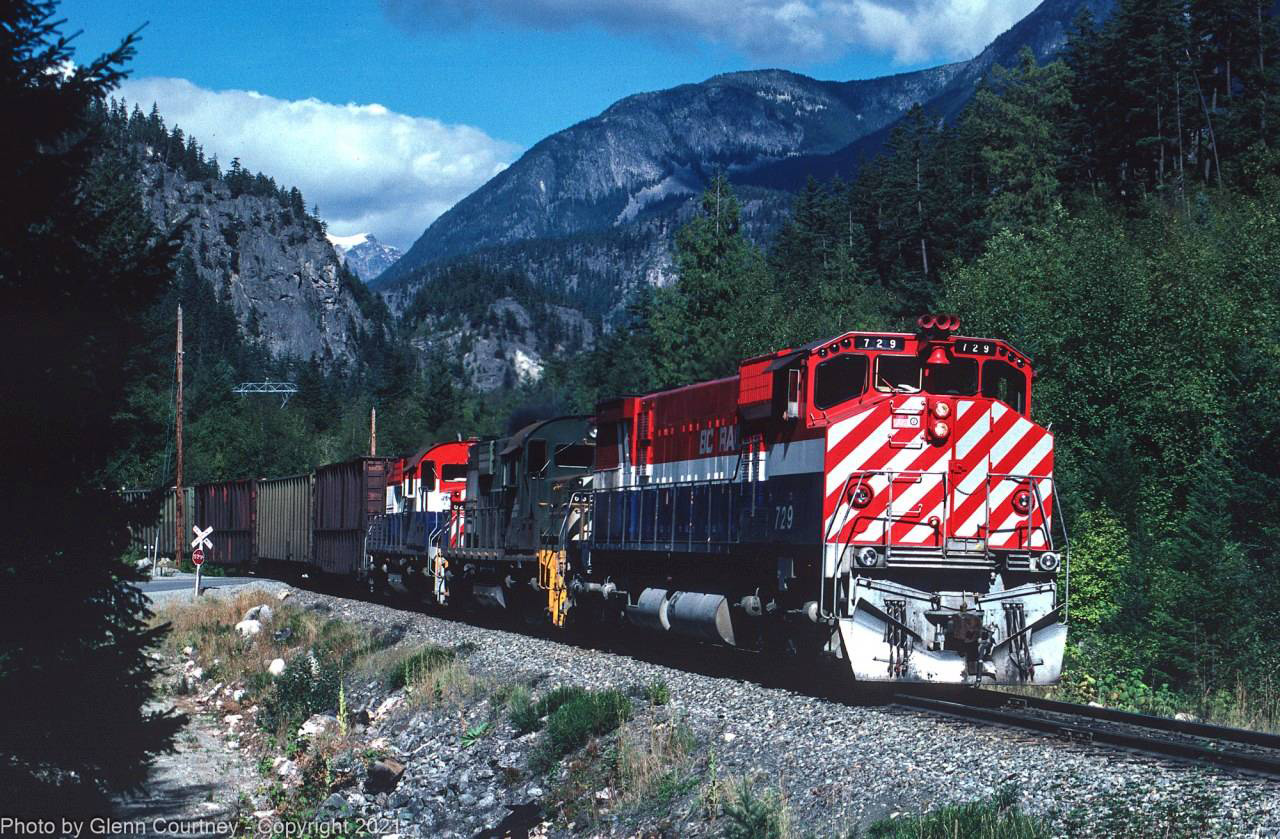 BC Rail's M630Ws did not lead that often because they were not equipped with Locotrol. So when you got one in the lead you were fortunate. I got them as leaders 2 or 3 times. In this case the train was a second section of #14 running between Lillooet and Squamish. The first section no doubt did all the heavy lifting and likely ran with Locotrol-controlled remotes. 

This was a pleasant chase for a couple of hours, although I do remember that because of the time of day the light was often not ideal. But, I'd love to be able to go back!