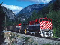 BC Rail's M630Ws did not lead that often because they were not equipped with Locotrol. So when you got one in the lead you were fortunate. I got them as leaders 2 or 3 times. In this case the train was a second section of #14 running between Lillooet and Squamish. The first section no doubt did all the heavy lifting and likely ran with Locotrol-controlled remotes. 

This was a pleasant chase for a couple of hours, although I do remember that because of the time of day the light was often not ideal. But, I'd love to be able to go back!