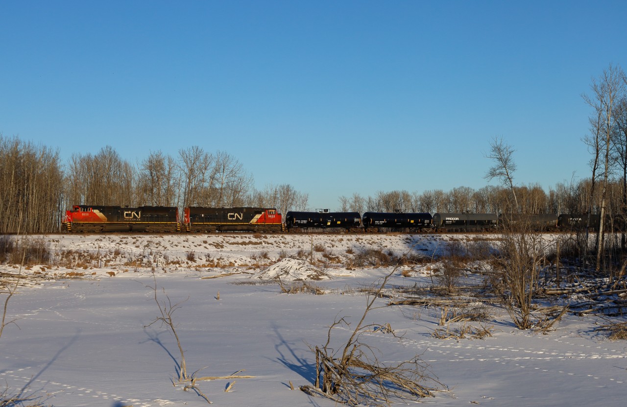 Chicago to Prince George M 34791 02 approaches Wabamun with CN 8938 and CN 5622