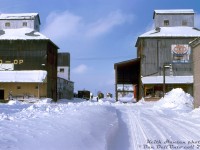 One of those rare instances where Algoma Central power made it to Orangeville and Owen Sound: ACR GP7 154, one of two units <a href=http://www.railpictures.ca/?attachment_id=44051><b>leased to CP for a few months</b></a> in 1978-1979, was typically used by CP on roadswitchers, <a href=http://www.railpictures.ca/?attachment_id=41521><b>transfers</b></a> and local jobs in and around the Toronto area. Today however, 154 found itself working The Moonlight northbound on CP's Orangeville/Owen Sound Subs. The unit is seen framed between the Farmers Co-Op and Rundles Feed Mill (Shur-Gain) elevators at Dundalk, after having uncoupling its train and backing to lift a single hopper from the Co-Op "coal pile" siding as the crew watches on. From the few other photos I've seen from this outing, the unit ran a plow extra southbound the next day.
<br><br>
The tracks were lifted through Dundalk in the mid-90's when the Owen Sound Sub north of Orangeville was abandoned, but the elevator on the left survives today. On the site of the other elevator? A very railway station-esque building housing the Southgate Ruth Hargrave Memorial Public Library.
<br><br>
<i>Keith Hansen photo, Dan Dell'Unto collection slide.</i>