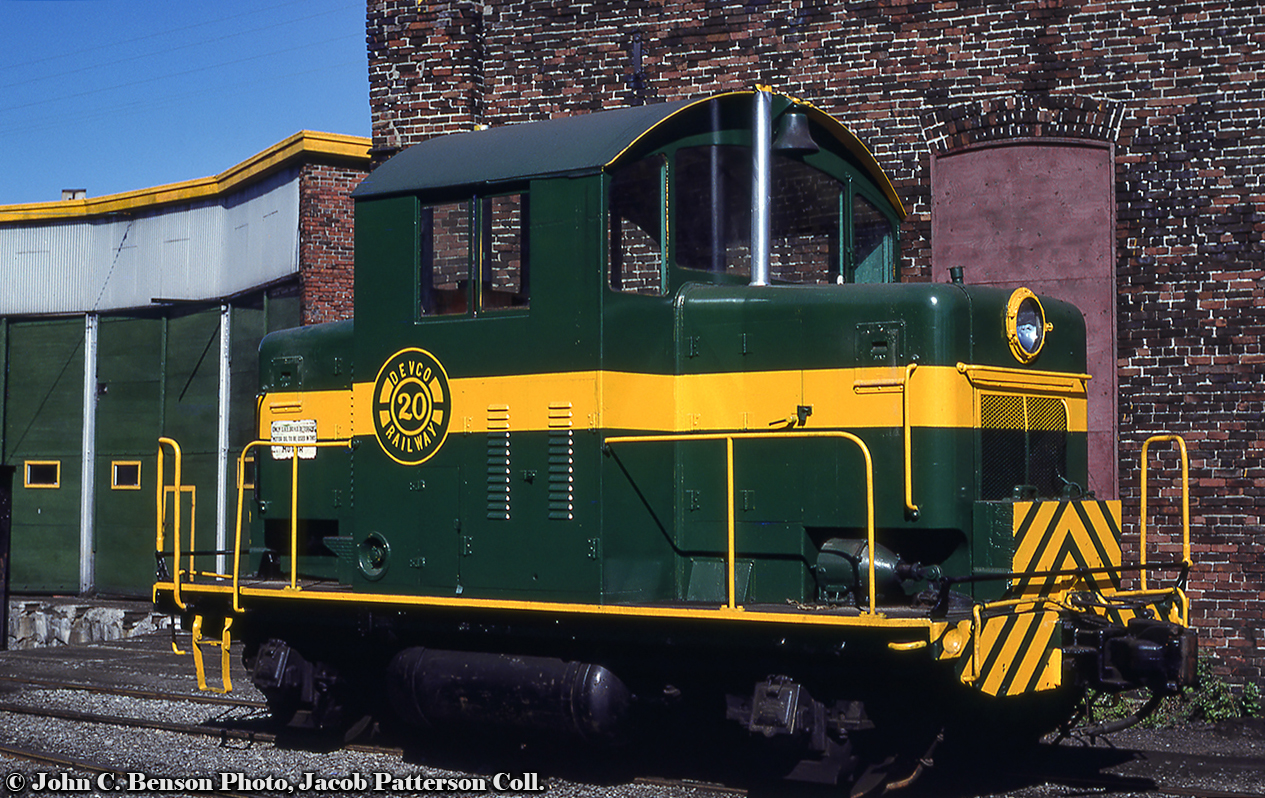 Snapped at the Glace Bay roundhouse, DEVCO 20, one of only 11 EMC Model 40 300hp locomotives constructed.  Built in August 1940, serial number 1134.  Originally EMC #10, used at Plant #2, South Chicago, for use as their shop switcher and demonstrator, it made it's way to Canada in May 1951 as McKinnon Industries #10 at the St. Catharine's plant, now GM.  The loco would be sold to dealer Andrew Merrilees in 1963 where it would briefly be leased to Lake Ontario Steel in 1965.  After which it would head east to the Four Star Colliery at Broughton, Nova Scotia as their #10.  It would finish its career with Devco as #20 starting 1969, and finally to the Museum of Industry in Stellarton, NS, in 1991. Information per Colin Churcher’s archives.A 1976 shot of 20 still wearing its McKinnon Industries paint scheme.John C. Benson Photo, Jacob Patterson Collection Slide.