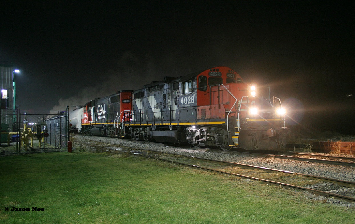 CN L566 has just completed switching the Canada Colors and Chemicals facility in Elmira, Ontario with CN 4028 and GTW 6226. The crew will change ends and then begin working the Lanxess plant before heading back to Kitchener later that night.