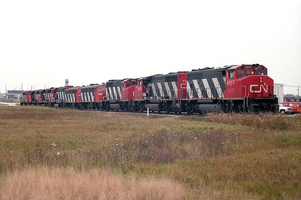 Line of stored CN locomotives at Macmillan Yard. Of note are CN 9164 and 9165.