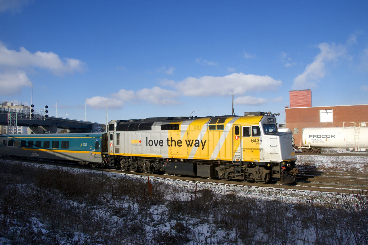 VIA 6436 heads east with VIA 60 after making its stop at Dorval as it passes CP F95.